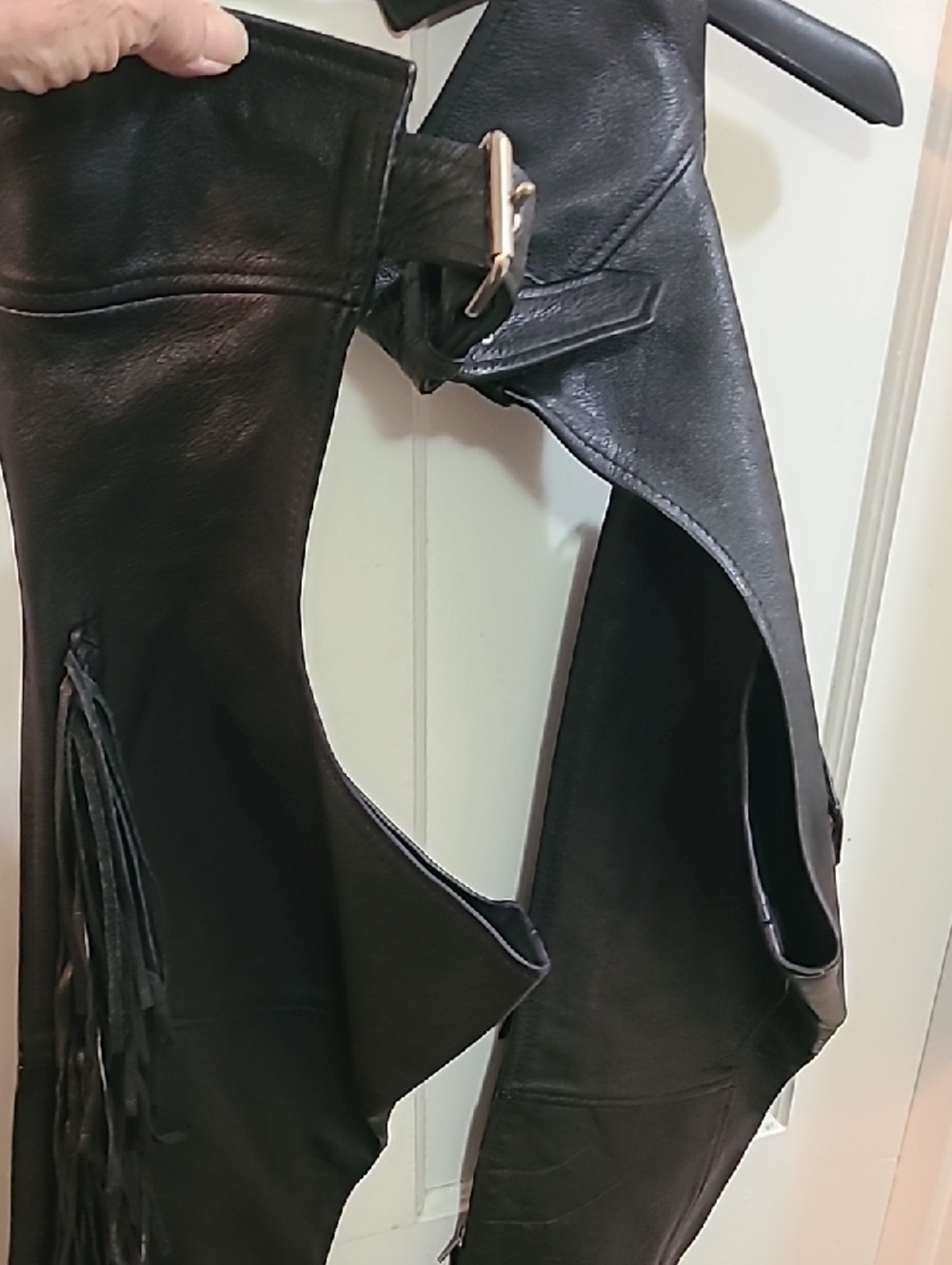 Black Leather Fringe Chaps with Buckle Waist